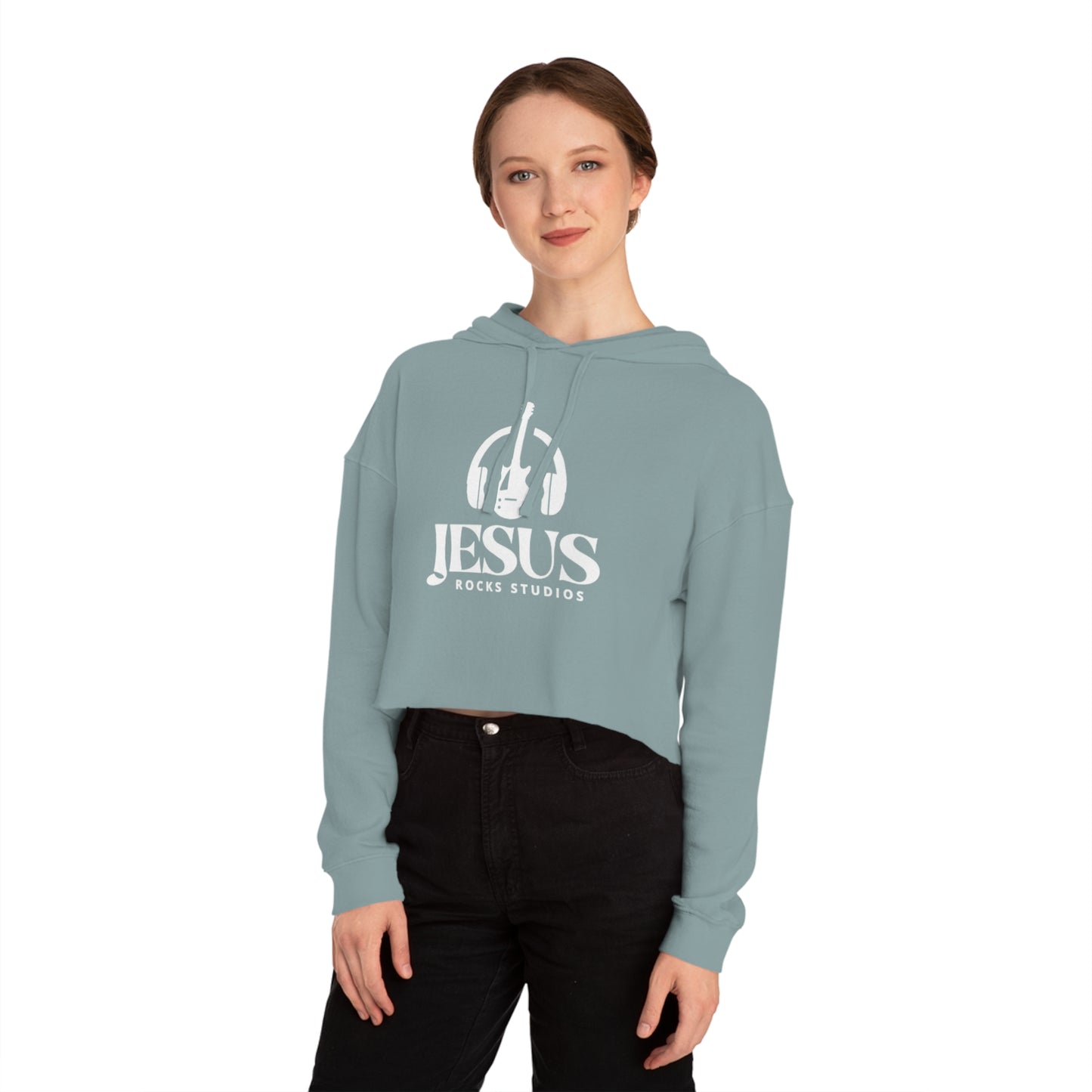 HEADPHONE GUITAR JESUS ROCKS Women’s Cropped Hooded Sweatshirt