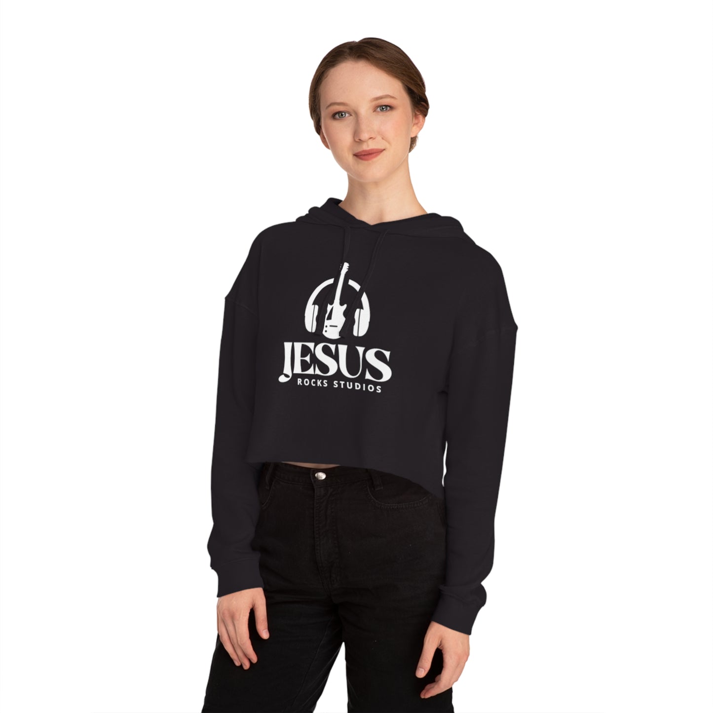 HEADPHONE GUITAR JESUS ROCKS Women’s Cropped Hooded Sweatshirt